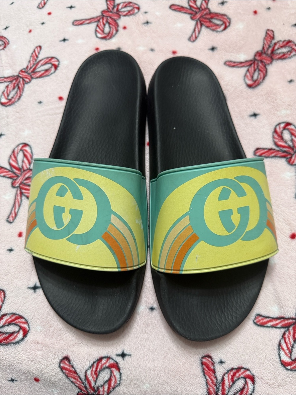 Gucci Black Slides with Yellow and Teal Double G Strap